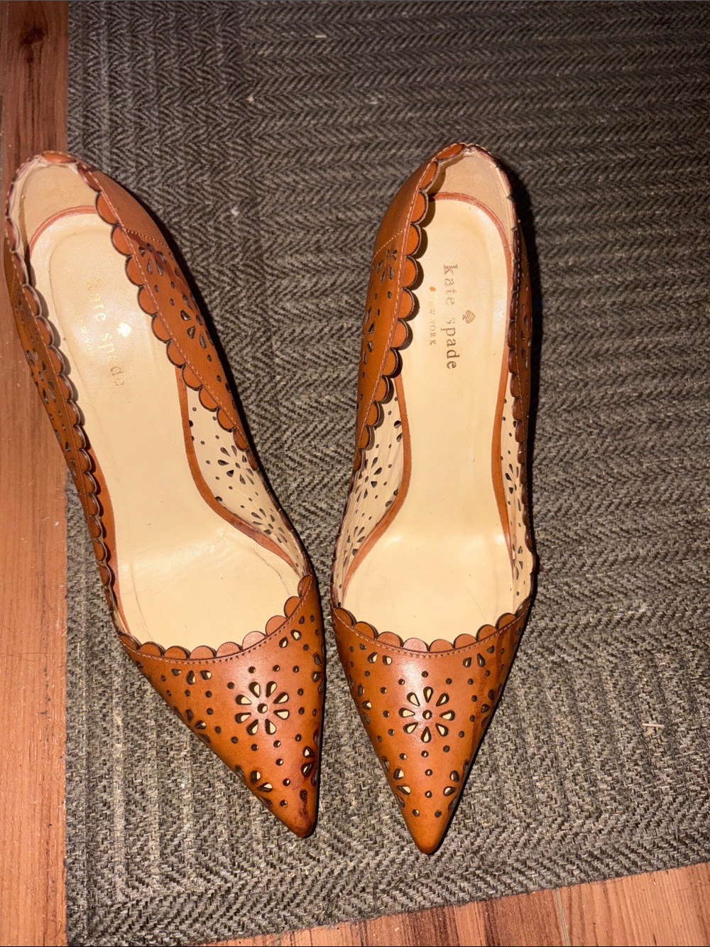 kate spade Tan Scalloped Perforated Pointed-Toe Heels
